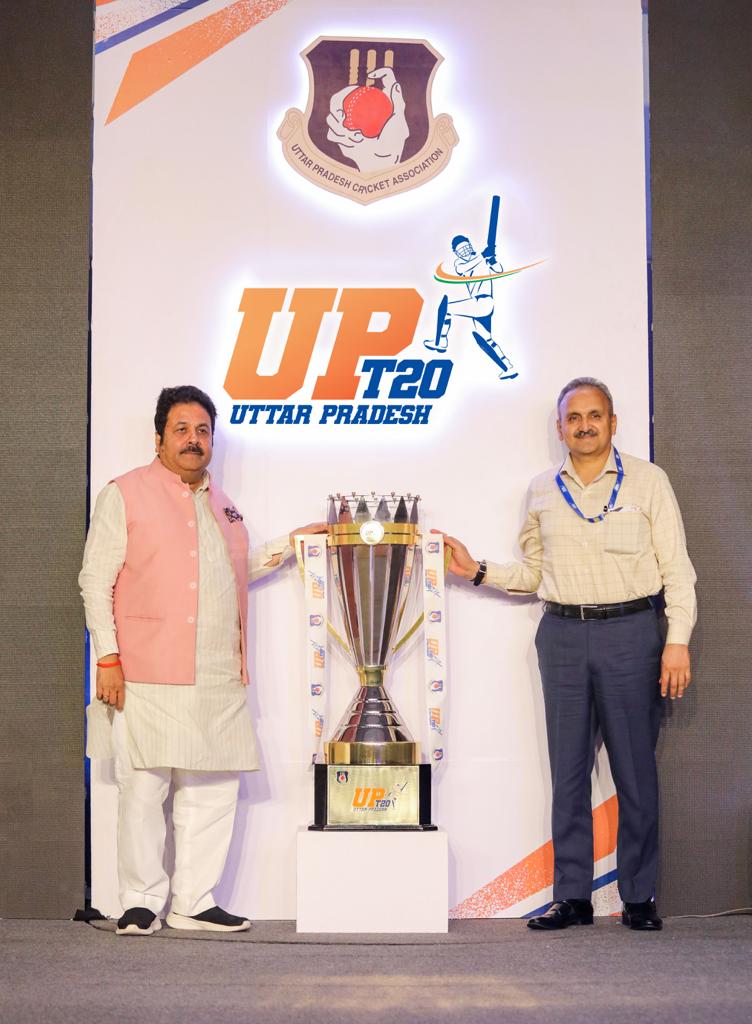BCCI vice president Rajeev Shukla and UP Cricket Association director D S Chauhan unveiling trophy of maiden UPT20 tournament