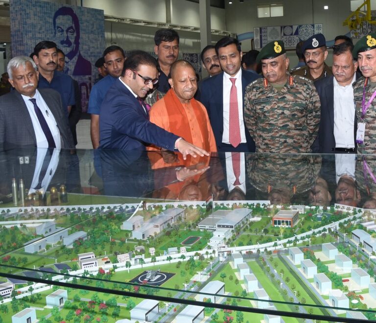 UP CM Yogi Adityanath and Army chief Manoj Pande at the Adani ammunition plant